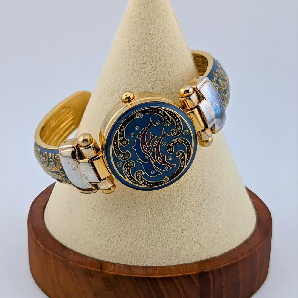 Kessaris Dolphin Hidden Dial Blue Enamel Crystal Cuff Bracelet Vintage Watch